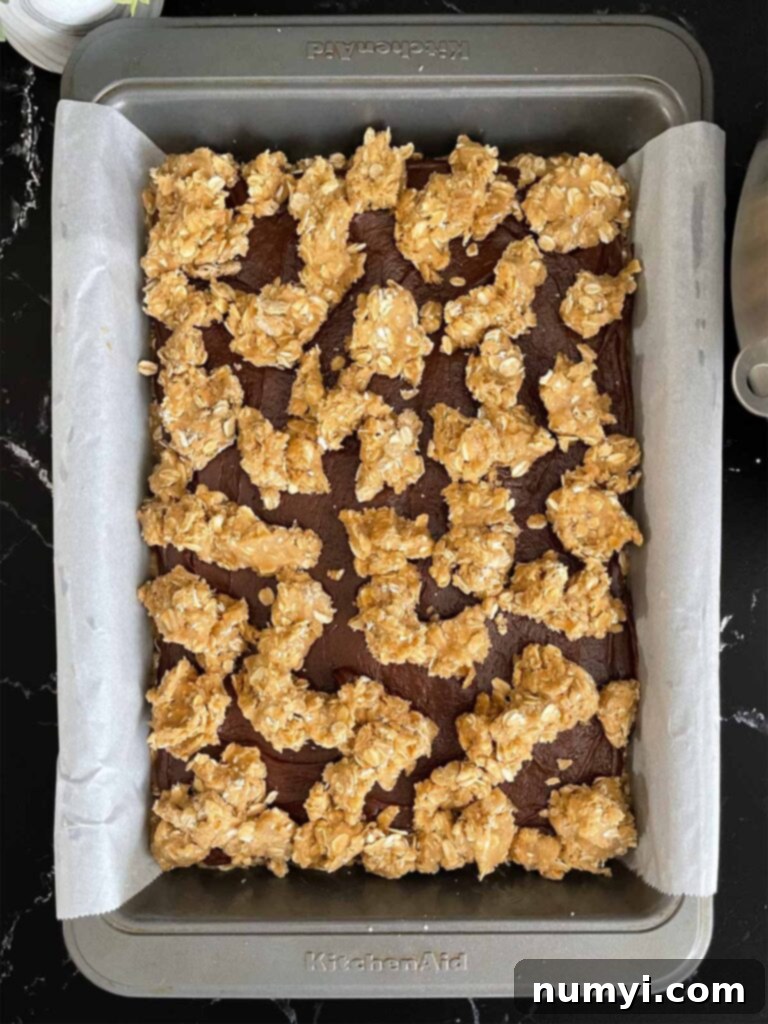 Dollops of oatmeal cookie dough over the top of the fudge layer.