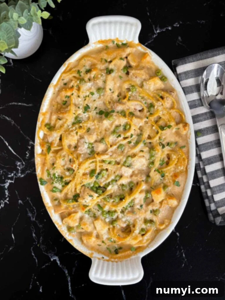 Freshly baked Chicken Tetrazzini right out of the oven, golden and bubbly.