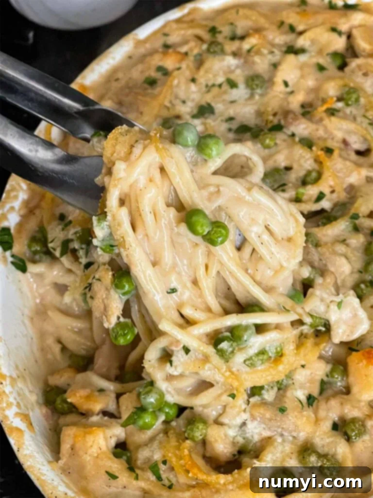 Baked Chicken Tetrazzini in a white baking dish, ready to be served.