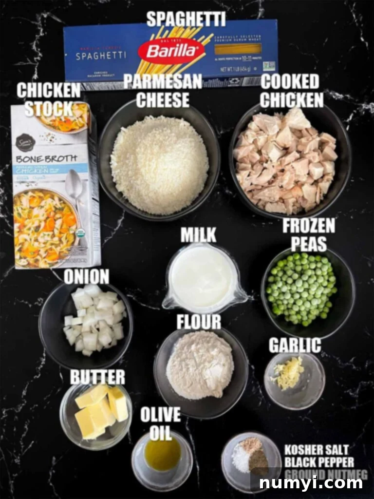 Ingredients needed for chicken tetrazzini, including pasta, chicken, vegetables, and cheeses.