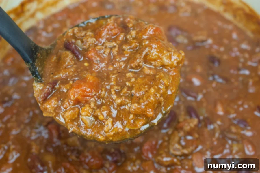 Thick & Hearty Homestyle Chili scooped in a ladle