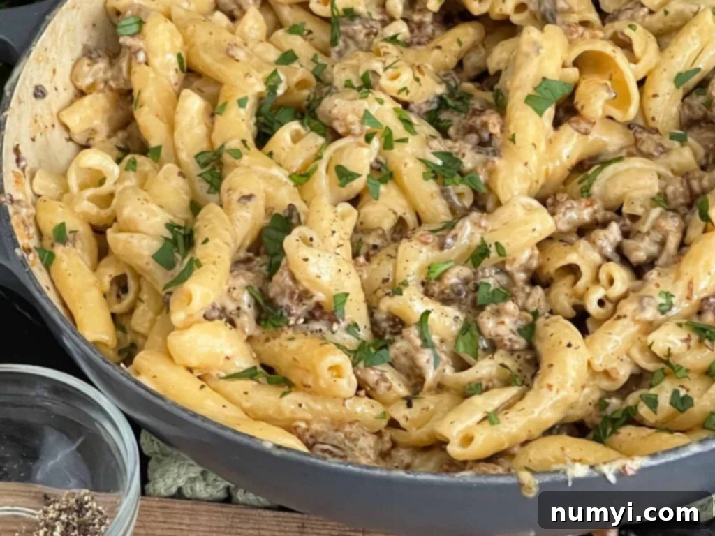 Pasta alla Norcina in a skillet, ready to be served.