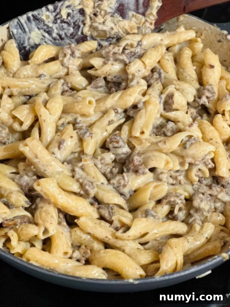 Pasta alla Norcina in a skillet, close up.