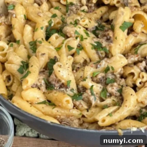 Pasta alla Norcina in a skillet, close up on the creamy sauce and sausage.