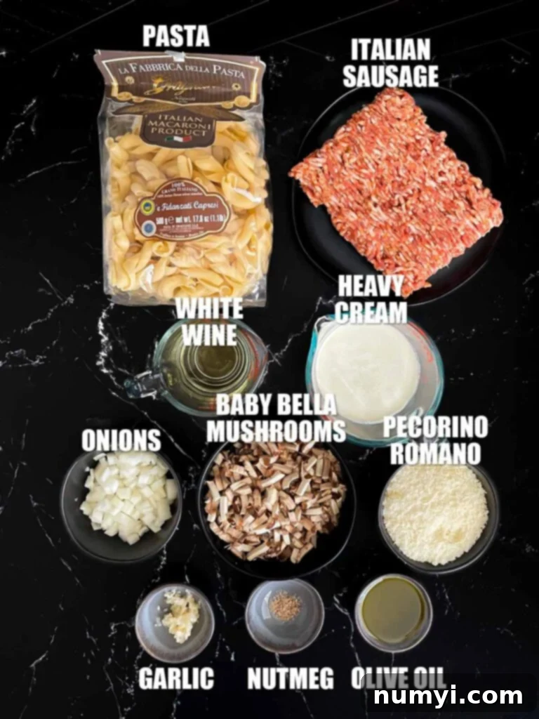 Ingredients needed to make Pasta alla Norcina, including Italian sausage, mushrooms, cream, and pasta.