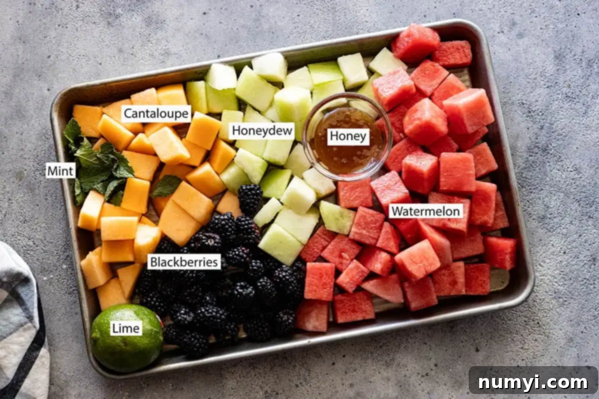 Ingredients for Mojito Fruit Salad: fresh mint, whole lime, honey, cubed cantaloupe, cubed honeydew, cubed watermelon, and a container of blackberries.