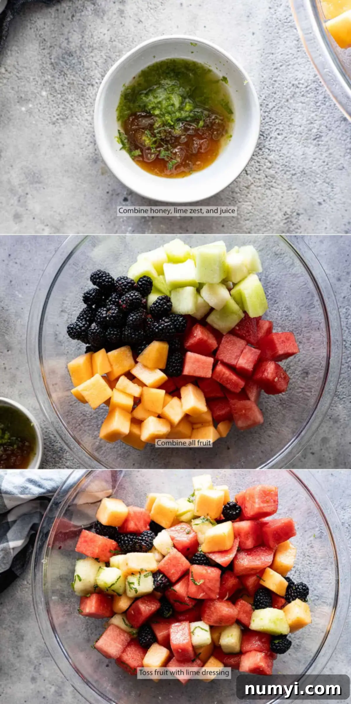 Three step-by-step images demonstrating how to prepare Mojito Fruit Salad: 1. Mixing dressing ingredients, 2. Combining cut fruits in a large bowl, 3. Tossing fruit with dressing.