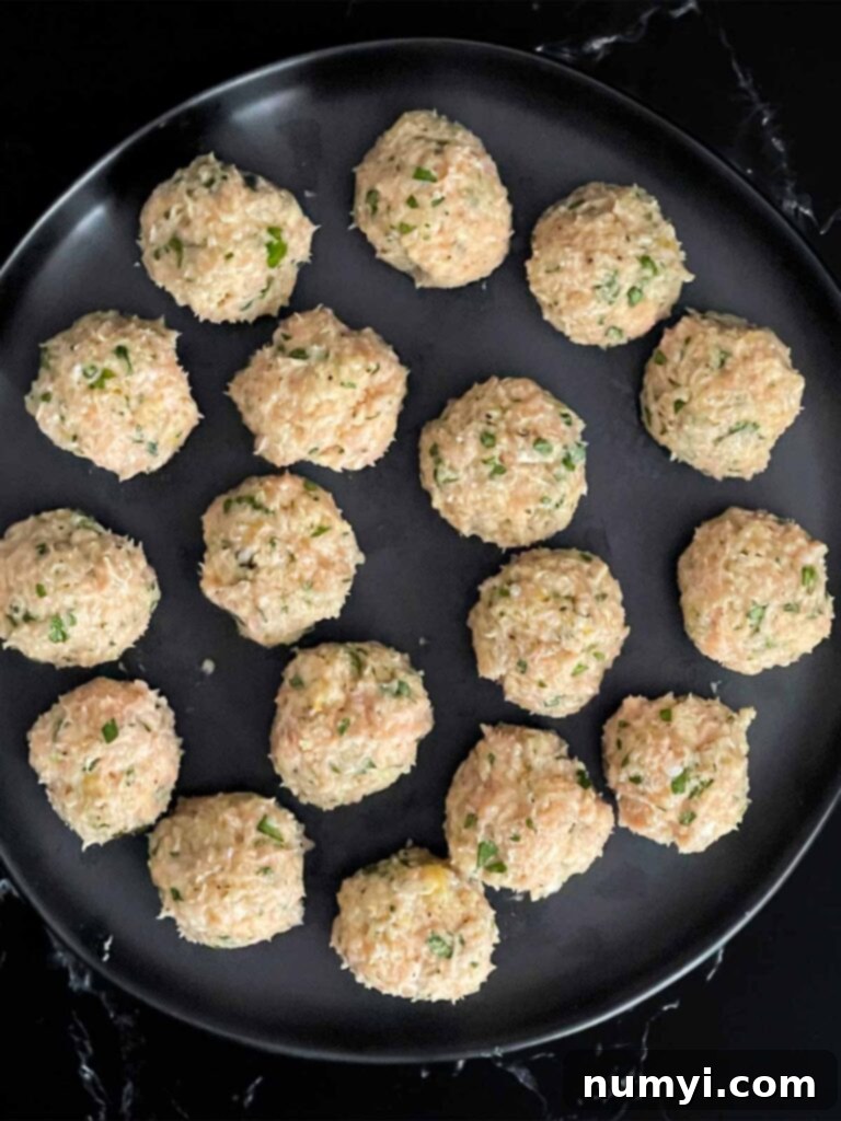 Chicken Piccata Meatballs on a dark plate, uncooked.