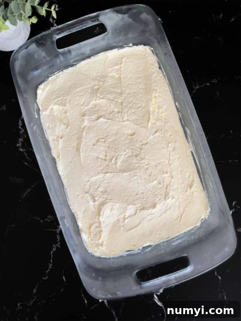 Lush Coconut Cream 7 Coconut cheesecake mixture spread over the graham cracker crust in a glass baking pan on a dark surface.