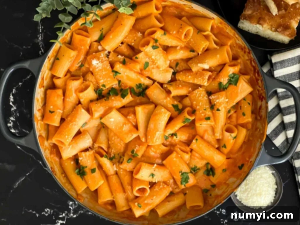 Pasta alla vodka in a skillet.