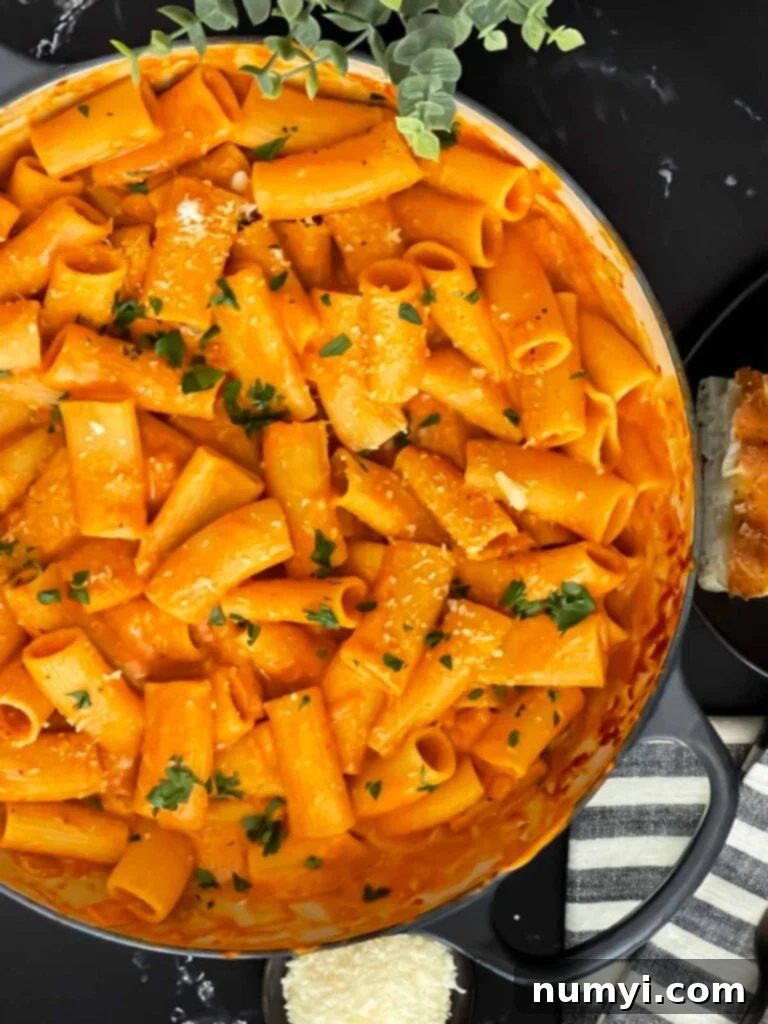 Pasta alla vodka in a skillet.