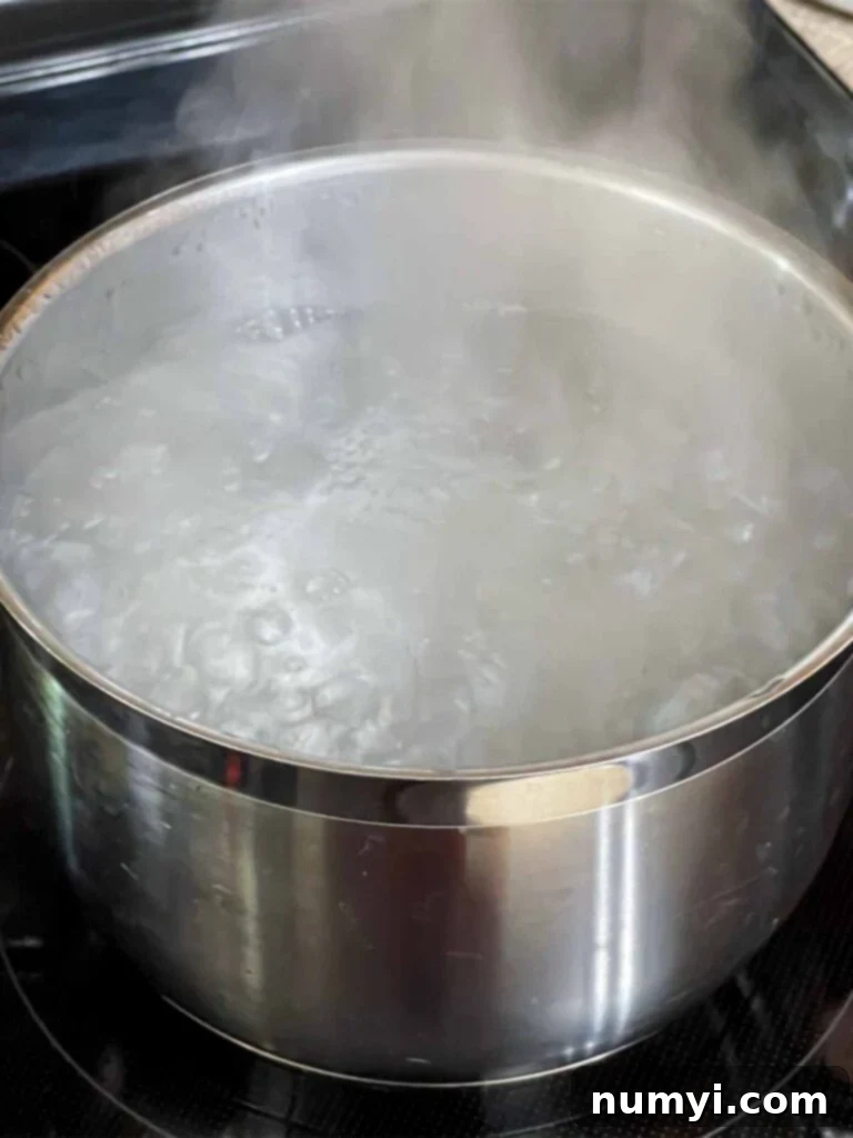 Boiling water in a pot.