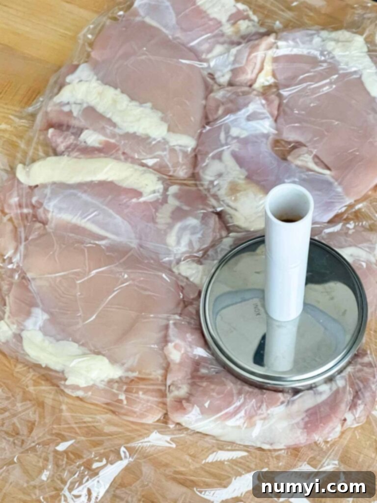 A hand pounding chicken thighs with a meat tenderizer, covered with plastic wrap for even thickness.