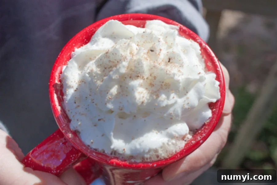 A person's hands holding a red coffee mug with a snowflake design, filled with an eggnog latte, suggesting warmth and comfort.