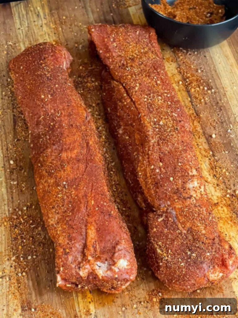 Succulent Smoked Pork Tenderloin 4 Two pork tenderloins rubbed with a Memphis style rub.