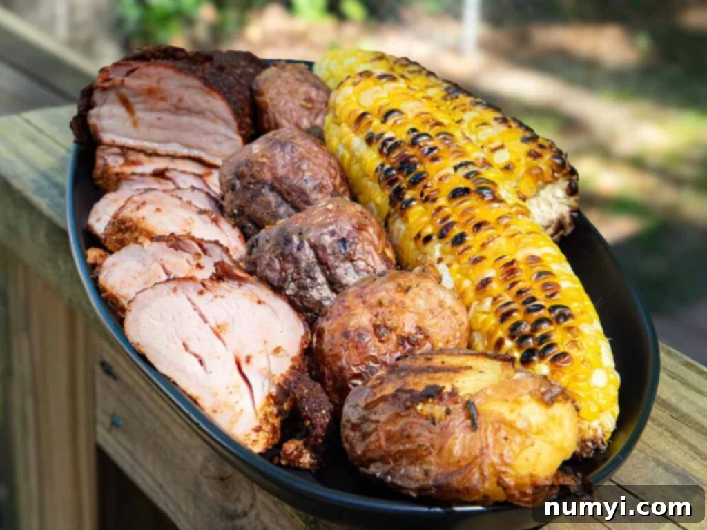 Succulent Smoked Pork Tenderloin 6 Smoked pork tenderloin with grilled corn and potatoes.