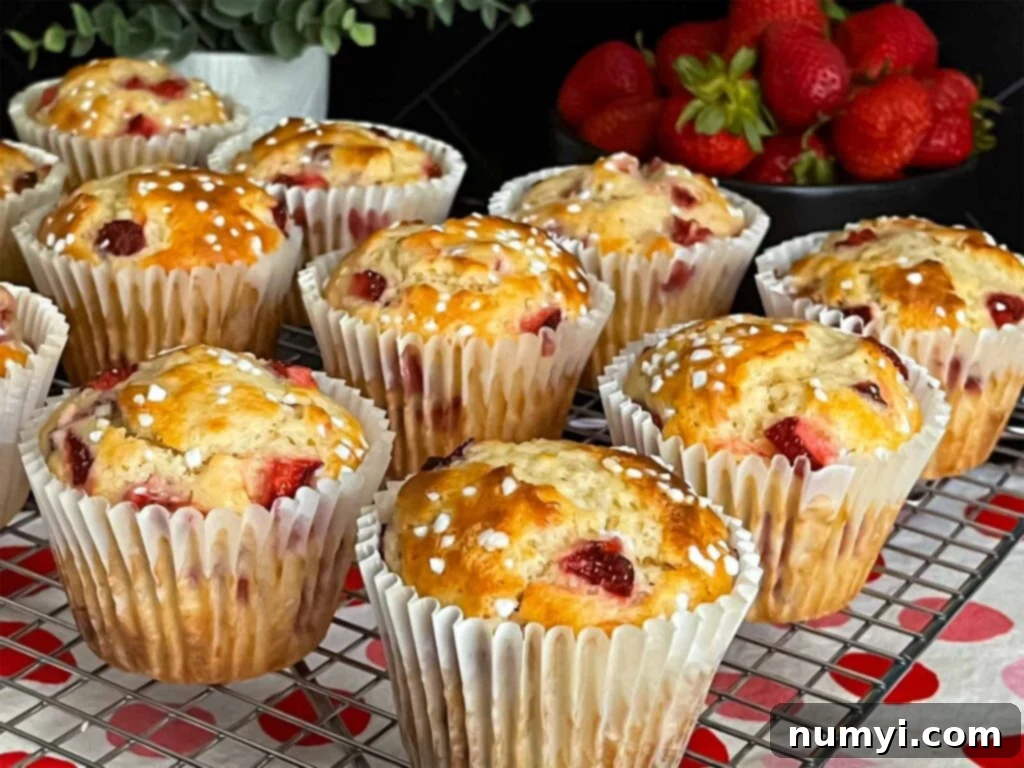 Freshly baked strawberry muffins cooling on a wire rack against a dark background, showcasing their golden-brown tops and berry speckles.
