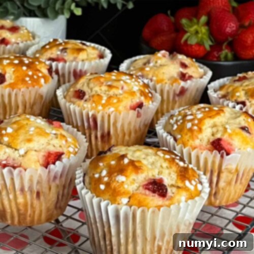 Strawberry muffins on a wire cooling rack on a dark surface.