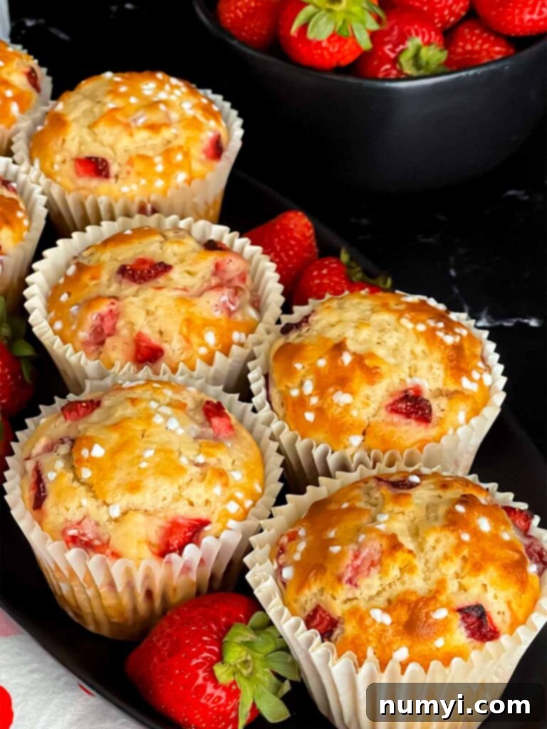 Freshly baked strawberry muffins arranged on a dark oval platter, garnished with whole fresh strawberries.