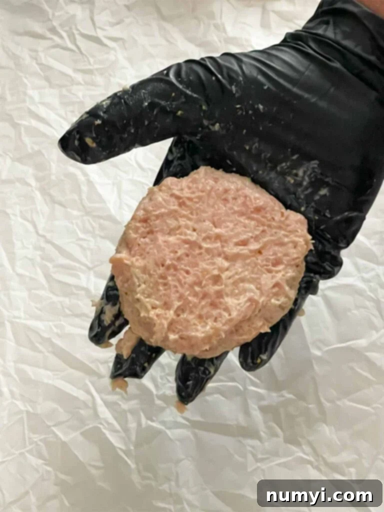 Zesty Carolina Grilled Chicken Burgers 15 A raw chicken burger patty held in a black gloved hand.