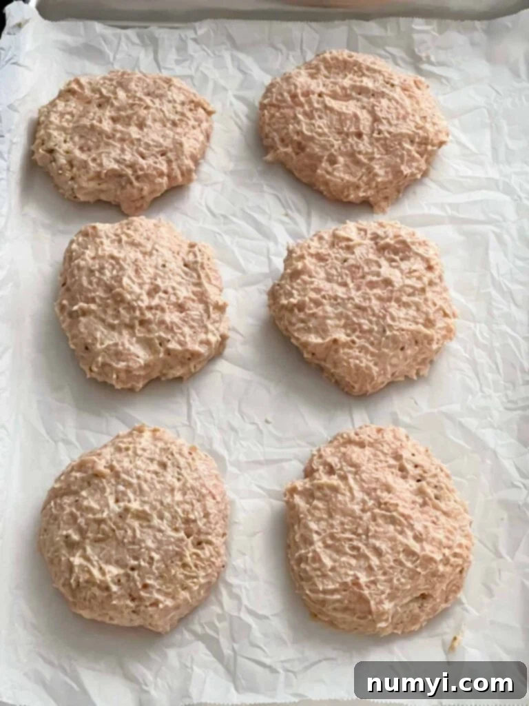 Zesty Carolina Grilled Chicken Burgers 16 Six raw chicken burger patties on parchment paper.