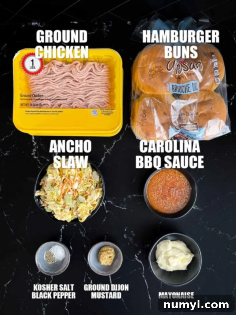 Zesty Carolina Grilled Chicken Burgers 5 Main ingredients for chicken burgers, including ground chicken and hamburger buns.