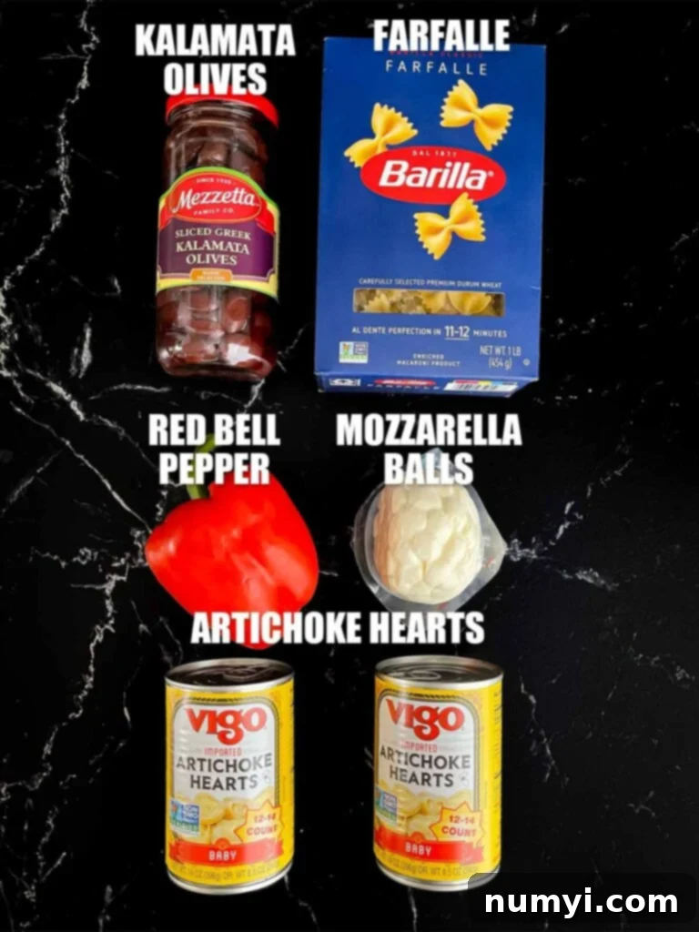 A selection of Mediterranean pasta salad ingredients, including Farfalle pasta, Kalamata olives, red bell peppers, artichoke hearts, and pearl mozzarella.