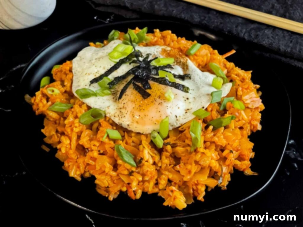 Freshly made kimchi fried rice, garnished generously with vibrant green onions and crisp gim (roasted seaweed), served in a rustic bowl.