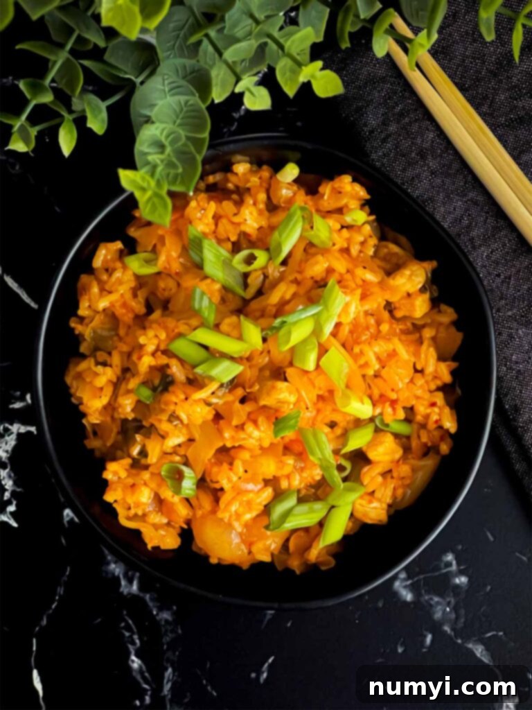 A dark bowl filled with flavorful kimchi fried rice, showing its rich color and inviting texture.