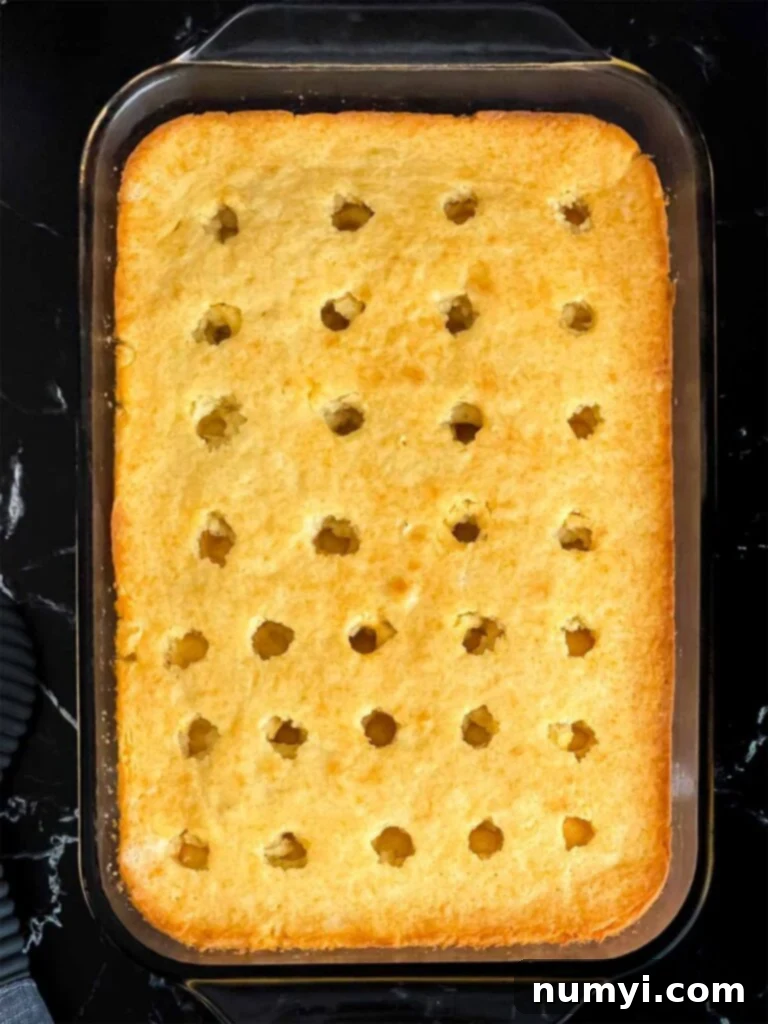 Luscious Berry Poke Cake 10 Freshly baked vanilla cake with evenly spaced holes poked, ready for the berry filling, for the berry poke cake recipe.