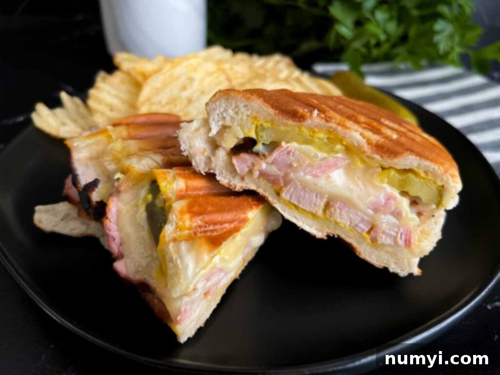 A finished grilled Cuban pork tenderloin panini, cut in half, showcasing the layers.