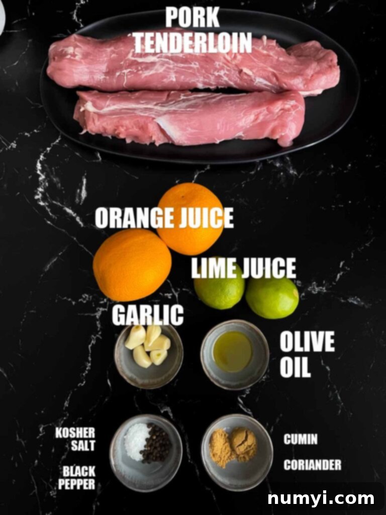 Fresh oranges, limes, garlic, olive oil, and spices laid out for the marinade.