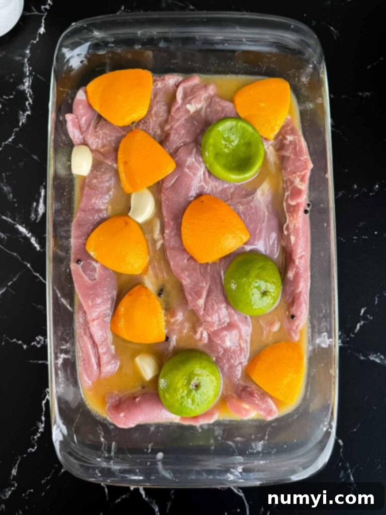 Pork tenderloin submerged in a zesty citrus and spice marinade.