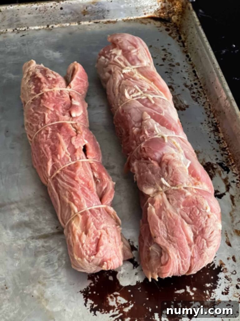 Tightly rolled Cuban pork tenderloin, secured with butcher's twine, ready for the grill.