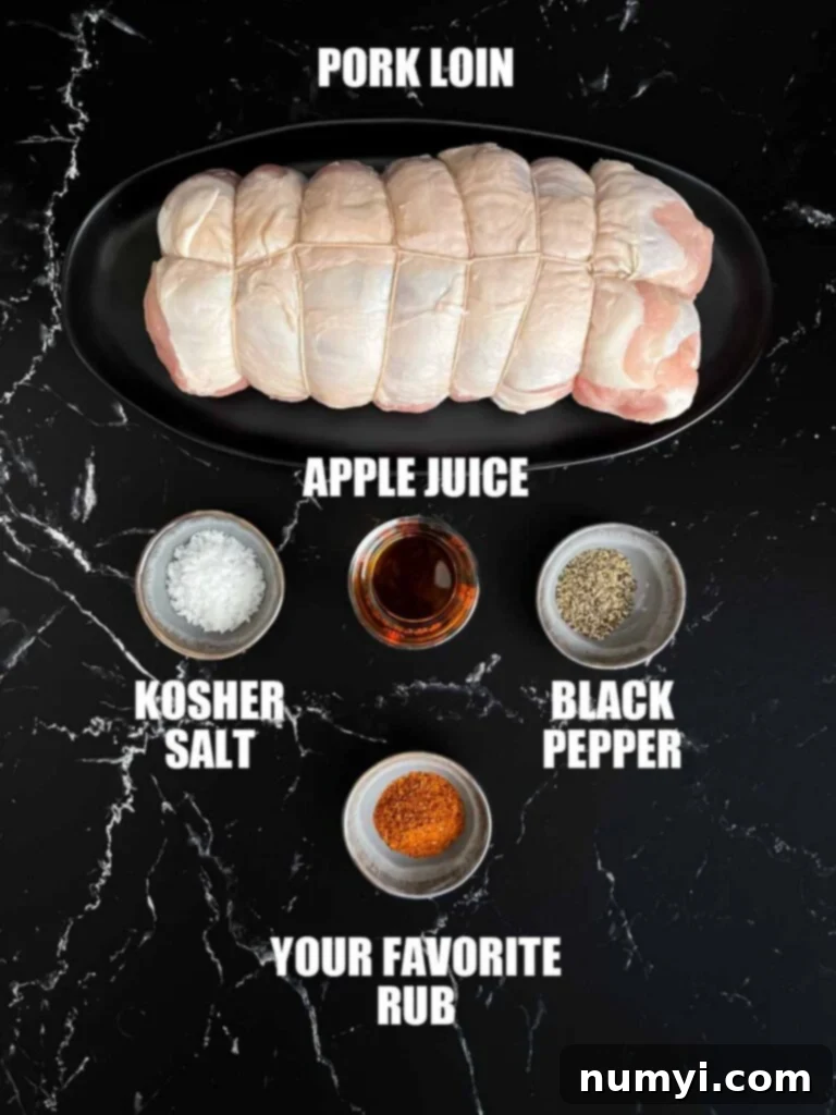 Ingredients needed to make a Texas style smoked pork loin: pork loin, apple juice, salt, pepper, and BBQ rub.