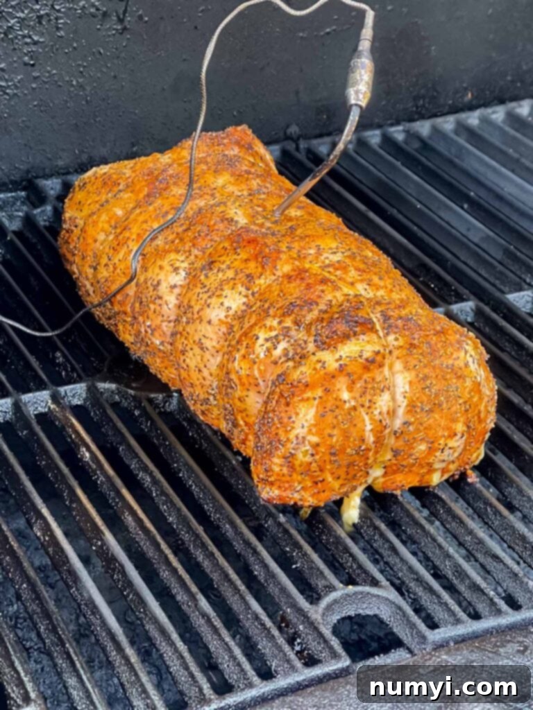 A Texas style smoked pork loin on a smoker with a temperature probe inserted, showing the smoking process.