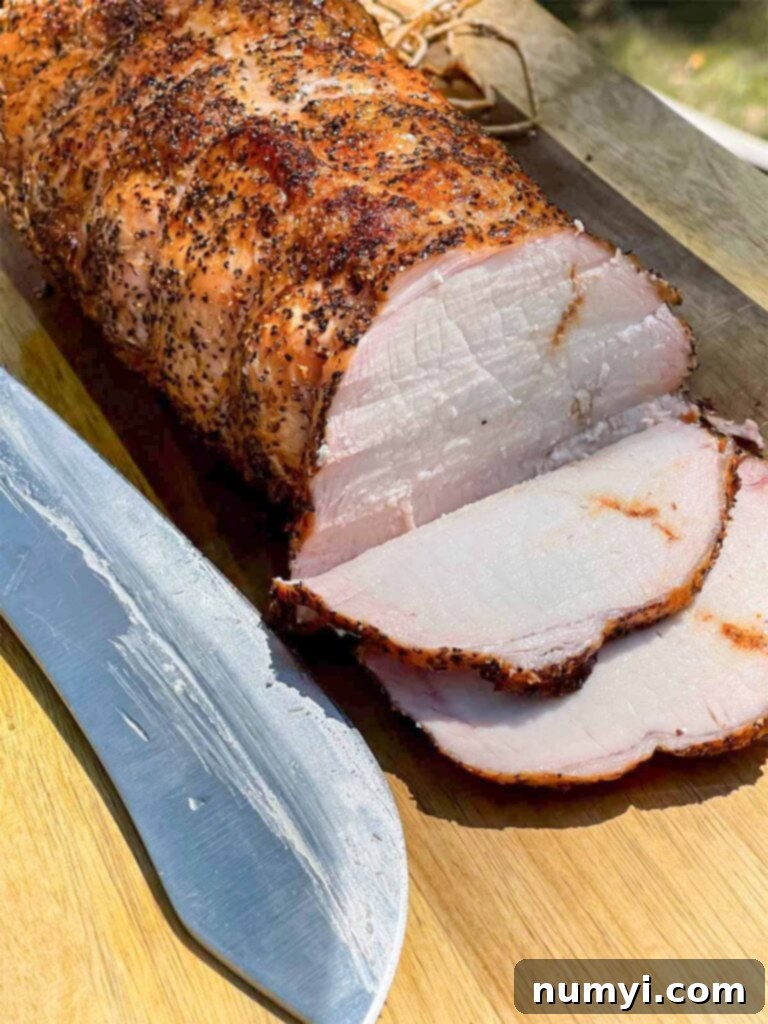 A Texas style smoked pork loin on a cutting board with some slices already made, showing its tender interior.