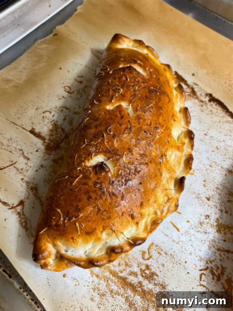 Hearty Italian Sausage Calzone 19 A perfectly baked, golden-brown calzone just pulled from the oven, still on its baking sheet, radiating warmth and deliciousness.