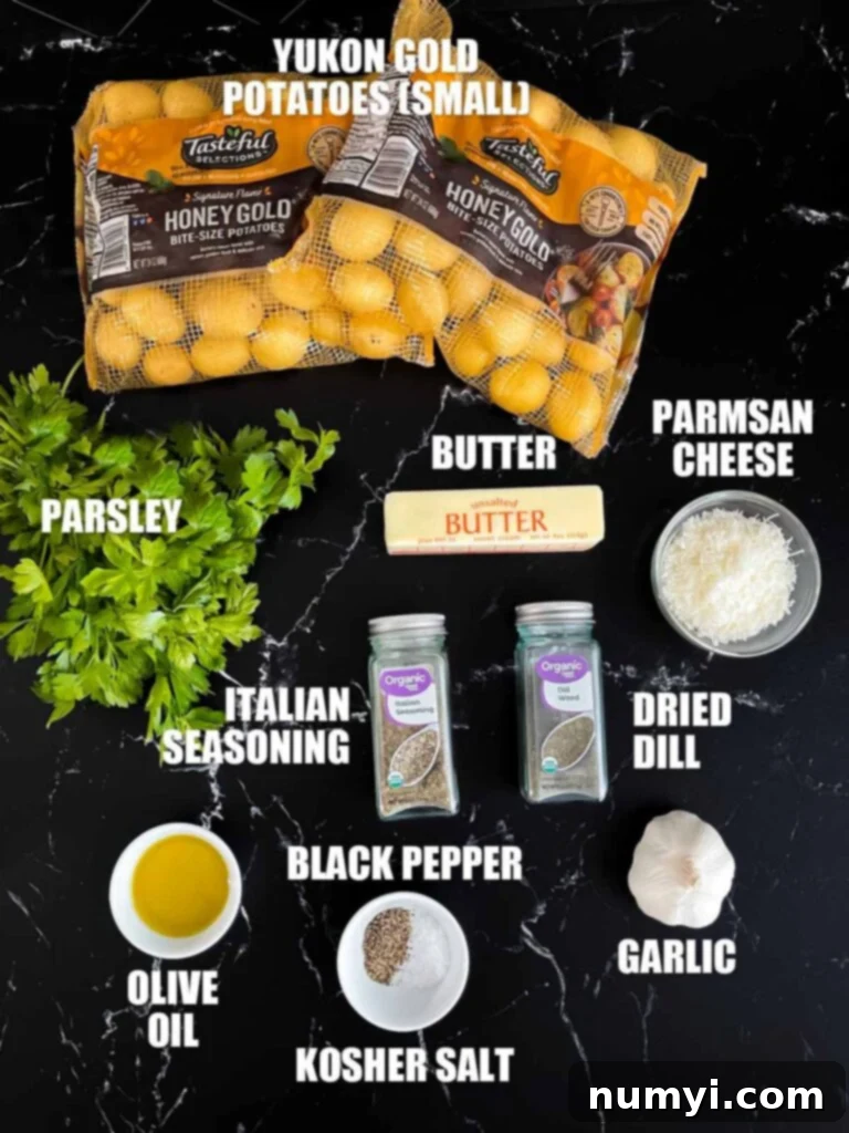 Ultimate Slow Cooker Garlic Parmesan Potatoes 3 Slow cooker garlic parmesan potatoes recipe ingredients on a dark surface.