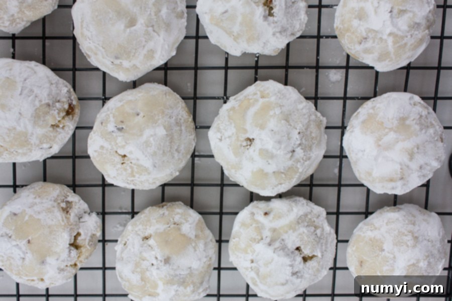 Italian Butterball Cookies freshly coated in powdered sugar, resting on a wire rack.