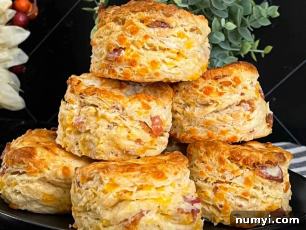 Bacon cheddar biscuits stacked on a dark plate.