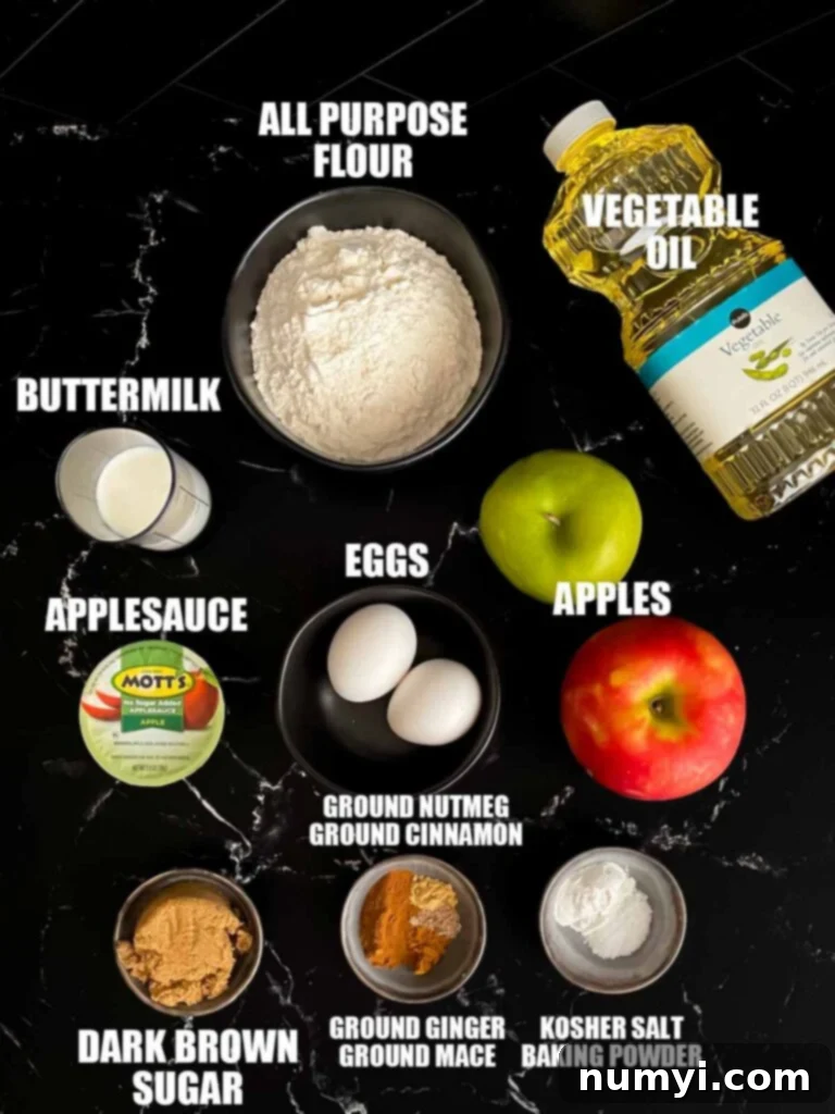Sweet Apple Puffs 3 Apple fritters recipe ingredients on a dark surface.