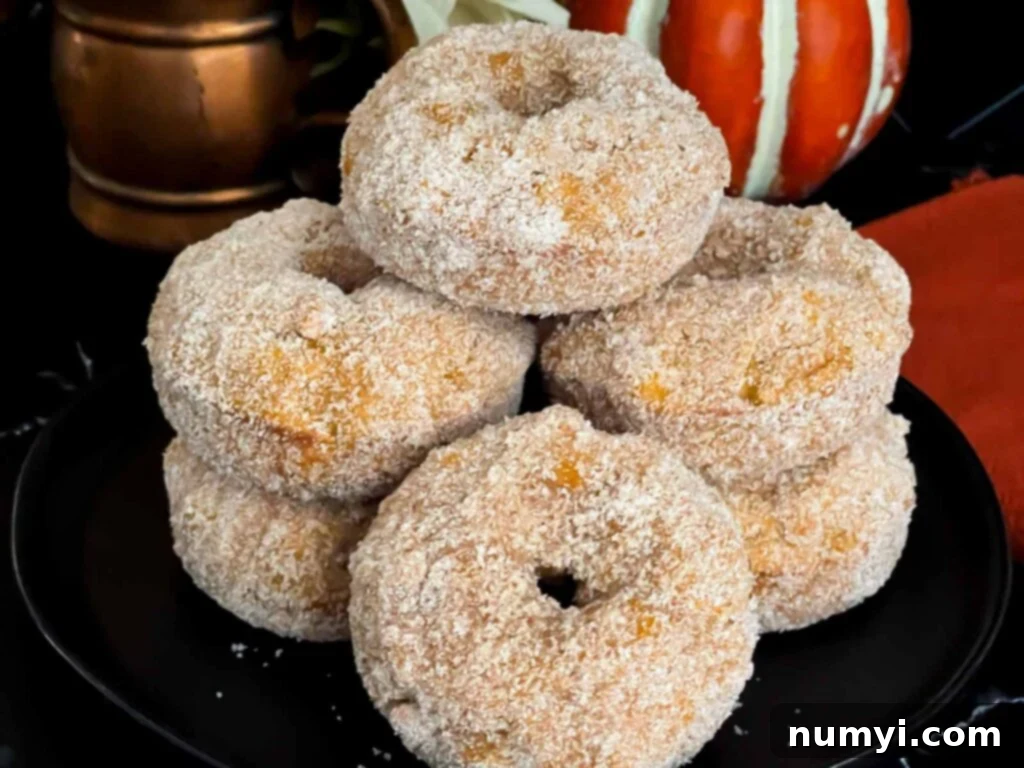 Baked pumpkin donuts stacked on a dark plate, covered in cinnamon sugar.