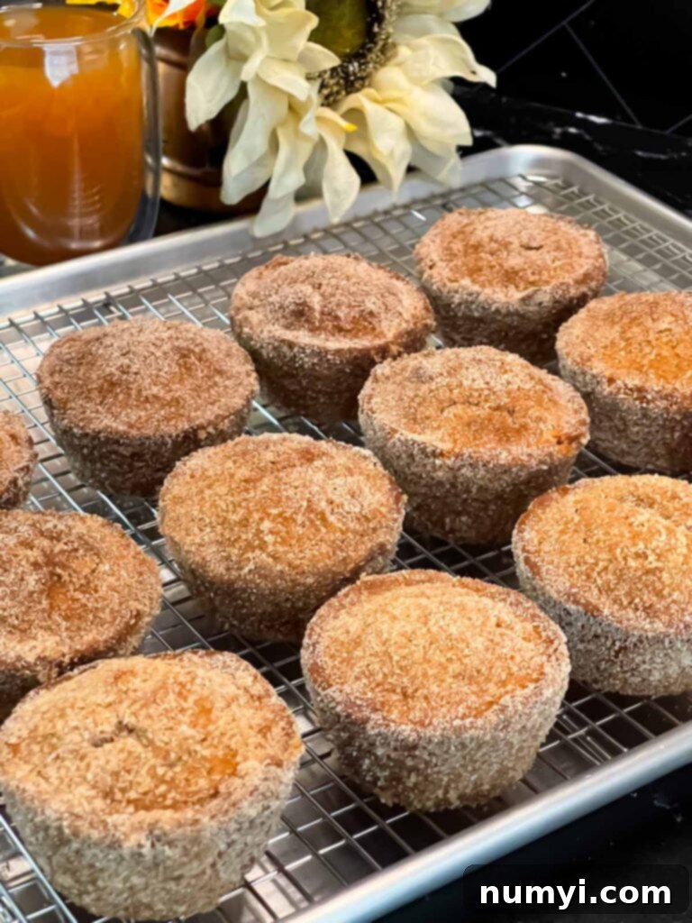 Apple cider muffins on a wire rack over a baking sheet.