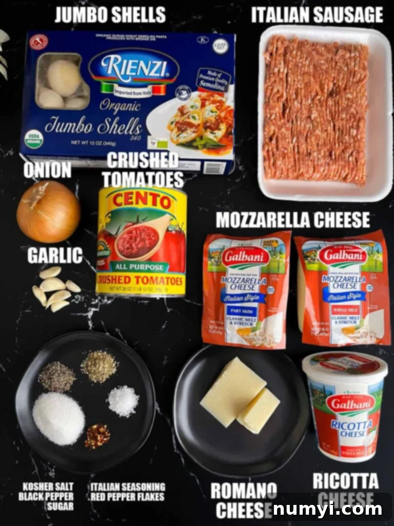 A selection of fresh ingredients laid out on a dark surface, including a box of jumbo pasta shells, a block of mozzarella cheese, a container of ricotta cheese, a package of Italian sausage, an onion, garlic, a can of crushed tomatoes, and various spices, all ready for making Italian Sausage Stuffed Shells.