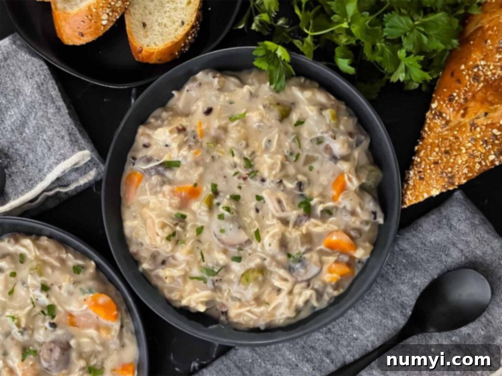Slow cooker chicken and wild rice soup in a dark bowl with a cut loaf of crusty bread.