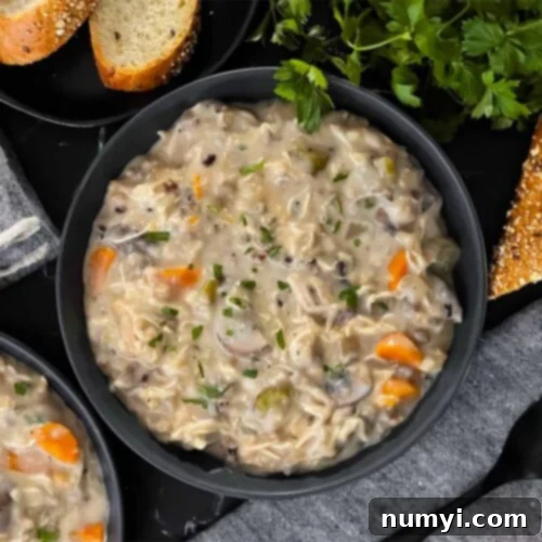 Slow cooker chicken and wild rice soup in a dark bowl with a cut loaf of crusty bread.