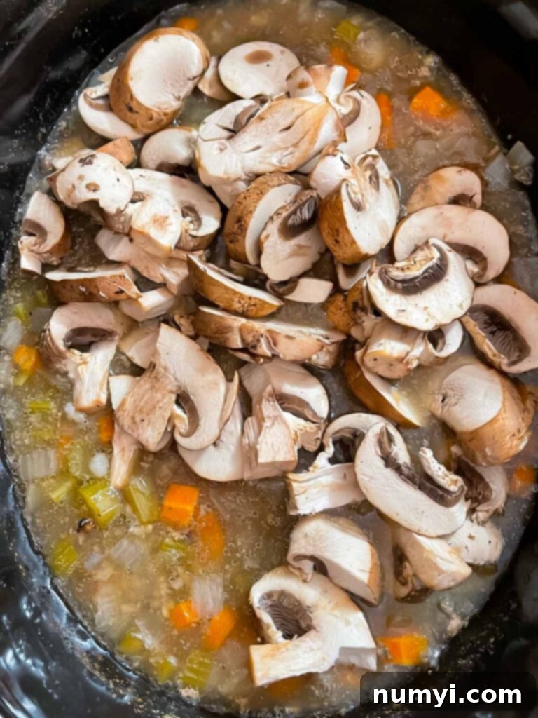 Mushrooms add to the slow cooker with chicken and wild rice soup ingredients.
