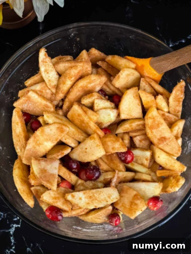 Crisp apple slices and bright red cranberries perfectly coated in a cinnamon sugar spice mixture, ready for the pie filling.
