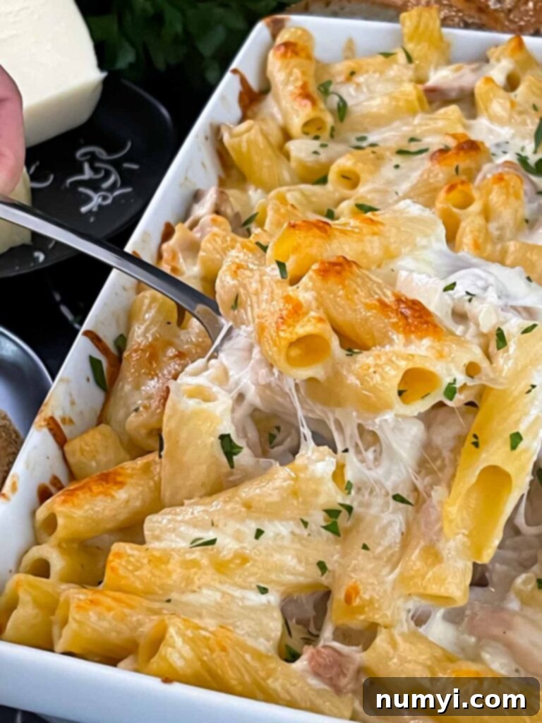 Chicken Alfredo Casserole in a white casserole dish, garnished with fresh parsley.